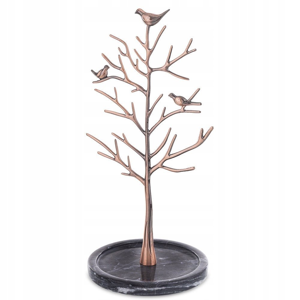 DRZEWKO STOJAK NA BIŻUTERIĘ Z MARMUROWĄ PODSTAWĄ PTASZKAMI GRAFITOWY ZŁOTY