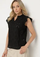 Bluzki damskie - Czarna Ażurowa Bluzka z Bawełny z Falbankami Emzekia - miniaturka - grafika 1