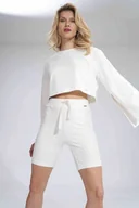 Bluzy damskie - krótka BLUZA z szerokim rozciętym rękawem PÓŁOKRĄGŁY DEKOLT biała S - miniaturka - grafika 1