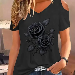 TEMU Damska T-shirt z dekoltem w kształcie litery V i bez rękawów, 100% poliestrowa tkanina z dzianiny, 180gsm - Wzór kwiatowy, styl casual|Drukowany - Inne - miniaturka - grafika 1