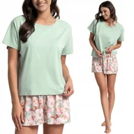 Piżamy damskie - BAWEŁNIANA PIŻAMA DAMSKA Z KRÓTKIM RĘKAWEM I SZORTAMI W KWIATY MORAJ XL GREEN - miniaturka - grafika 1