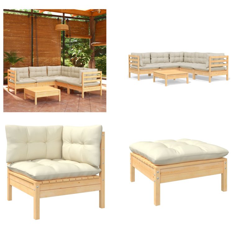 vidaXL 6-częściowy zestaw wypoczynkowy do ogrodu z kremowymi poduszkami z litego drewna sosnowego - Zestaw wypoczynkowy do ogrodu - Zestawy wypoczynkowe do ogrodu - Zestawy mebli ogrodowych - Zestawy mebli ogrodowych