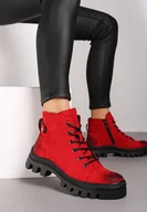 Botki damskie - Czerwone Botki Trapery na Platformie Ozdobione Paskiem Argiva - miniaturka - grafika 1