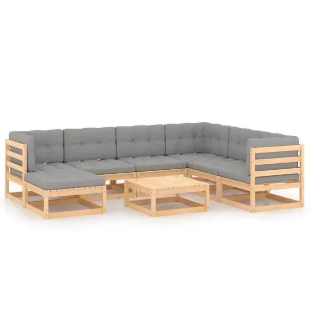 Zestaw wypoczynkowy do ogrodu, lite drewno sosnowe, szare poduszki, 70x70x6