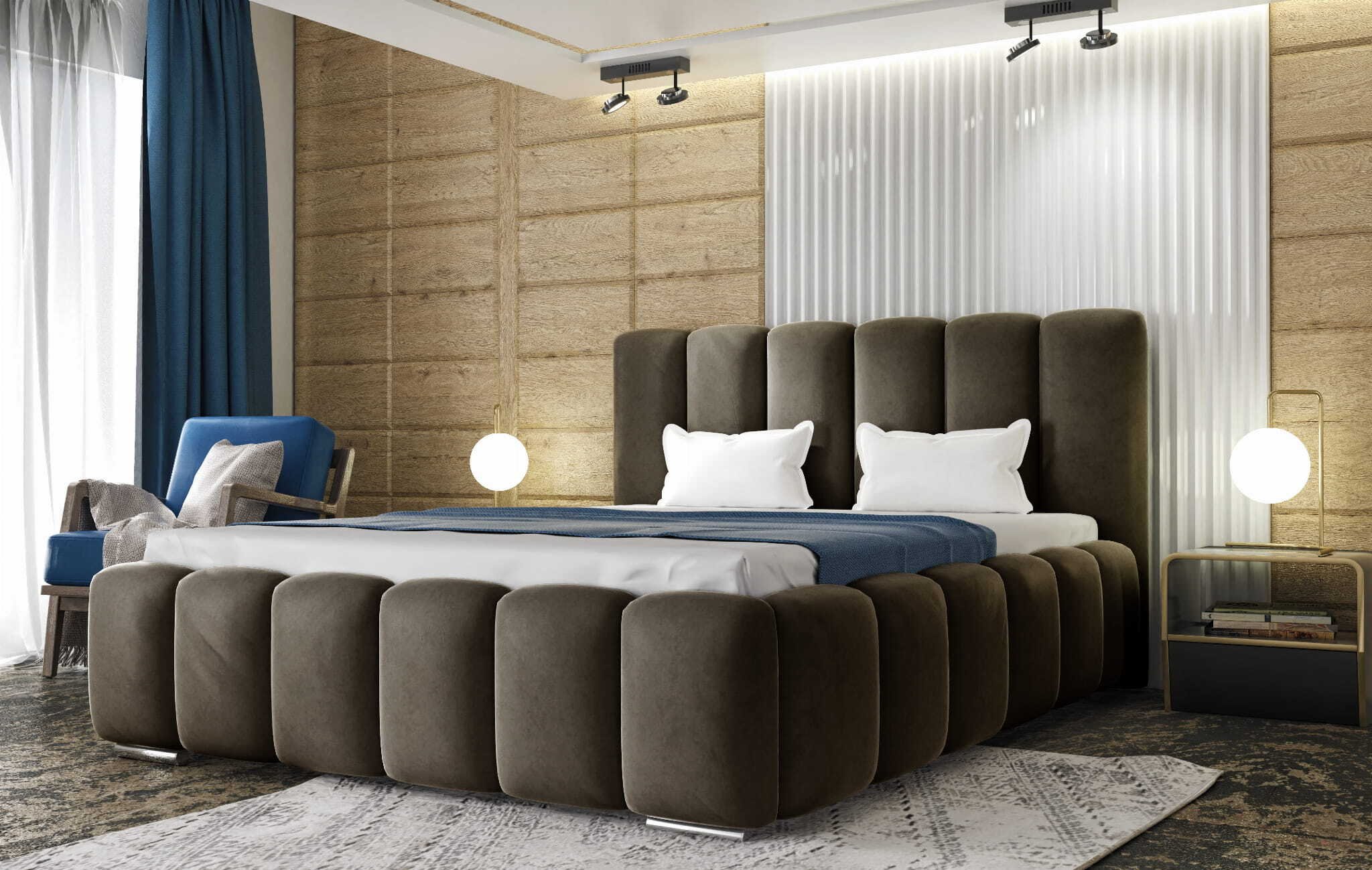 Łóżko tapicerowane AGMAT BALI z wezgłowiem, 160 x 200 cm, łóżko podwójne z podstawą łóżka i metalową ramą z listew, tkanina welurowa: brązowy