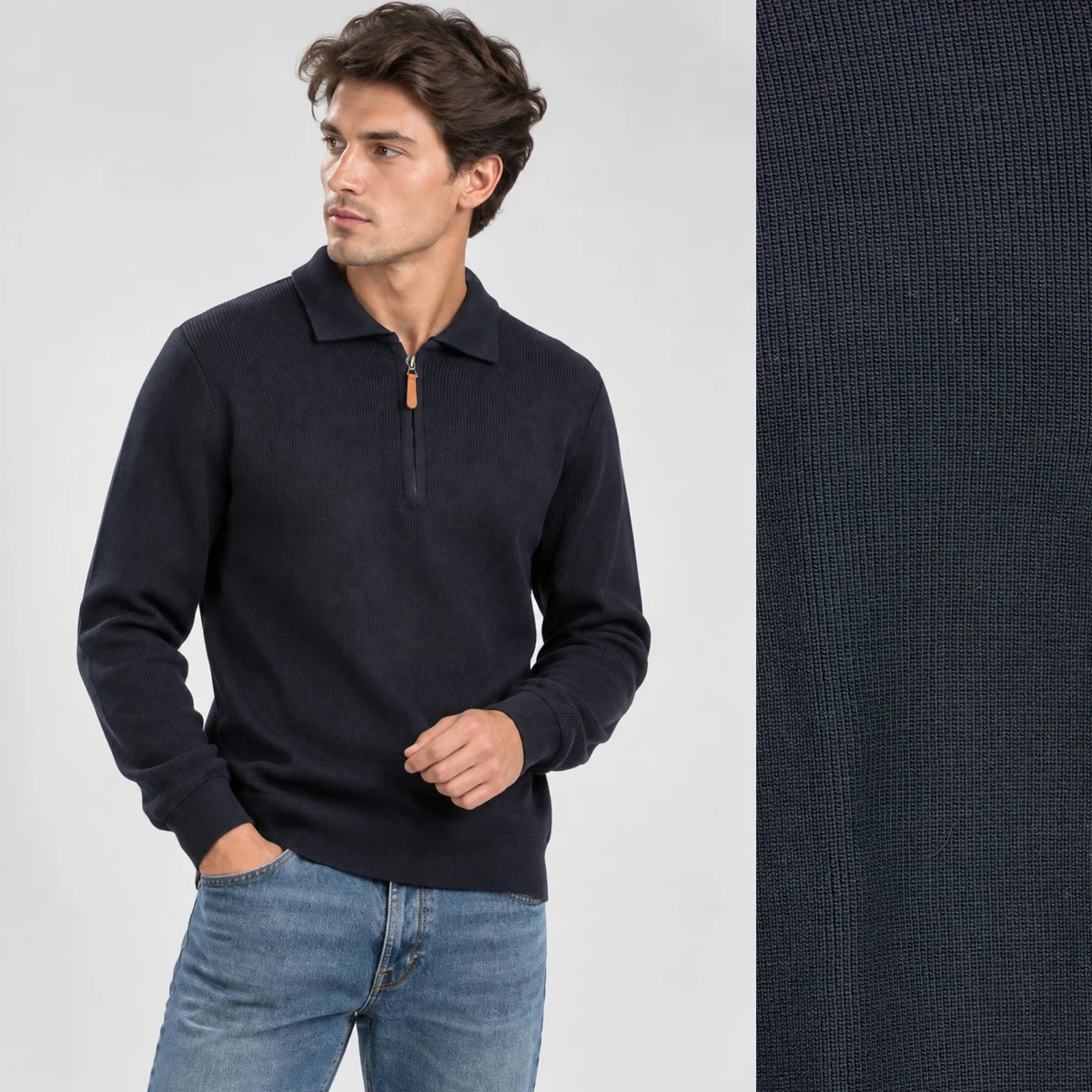 Sweter Męski Bawełniany Z Półzamkiem Stójką Elegancki Klasyczny Granat XL