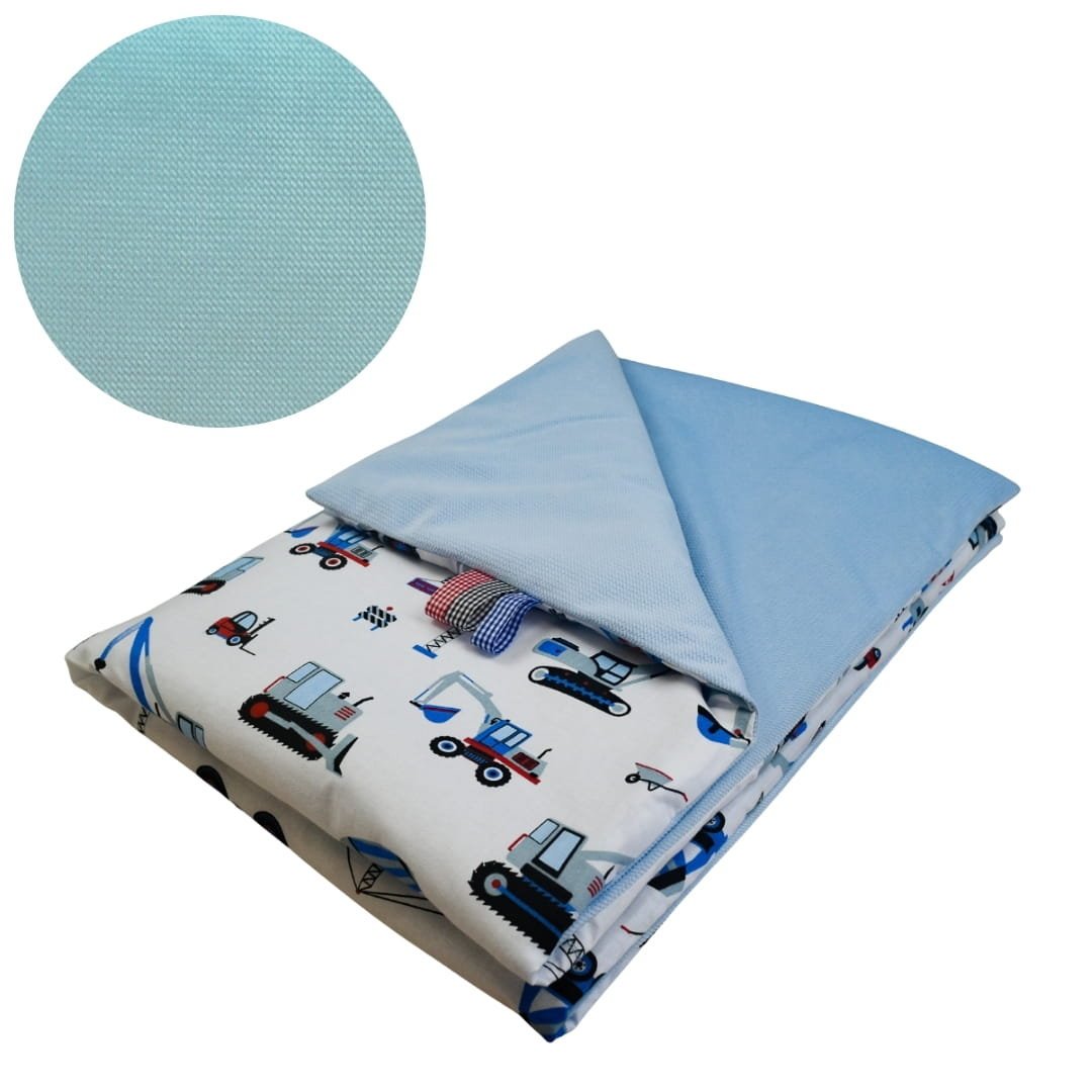 Kocyk Dziecięcy 75x100 Ocieplany Koparki Niebieskie Na Białym/Niebieski Bawełna/Velvet Polski Producent