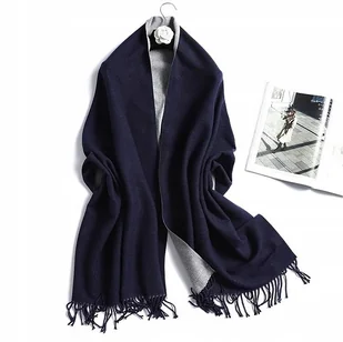 Szal szalik damski 100% kaszmirowy granatowy szary - Apaszki i szaliki damskie - miniaturka - grafika 1