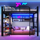 Łóżka dla dzieci i młodzieży - Łóżko na antresoli 90x200 cm - Konstrukcja stalowa - z przegródkami do przechowywania - z oświetleniem LED - Czarny - miniaturka - grafika 1