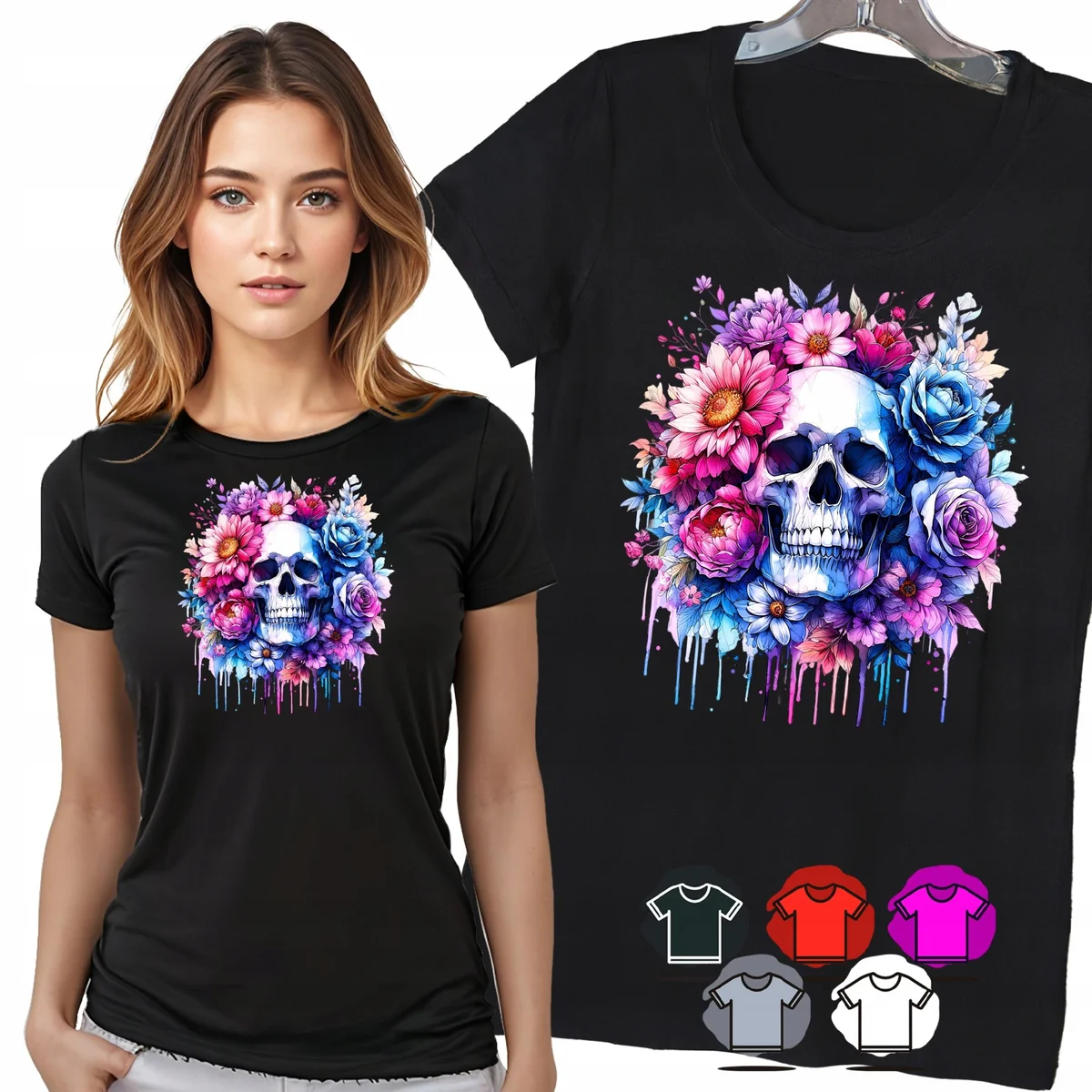 KOSZULKA DAMSKA T-SHIRT - CZASZKA RÓŻE I KWIATY AKWARELA WZÓR DAMSKI - 3XL