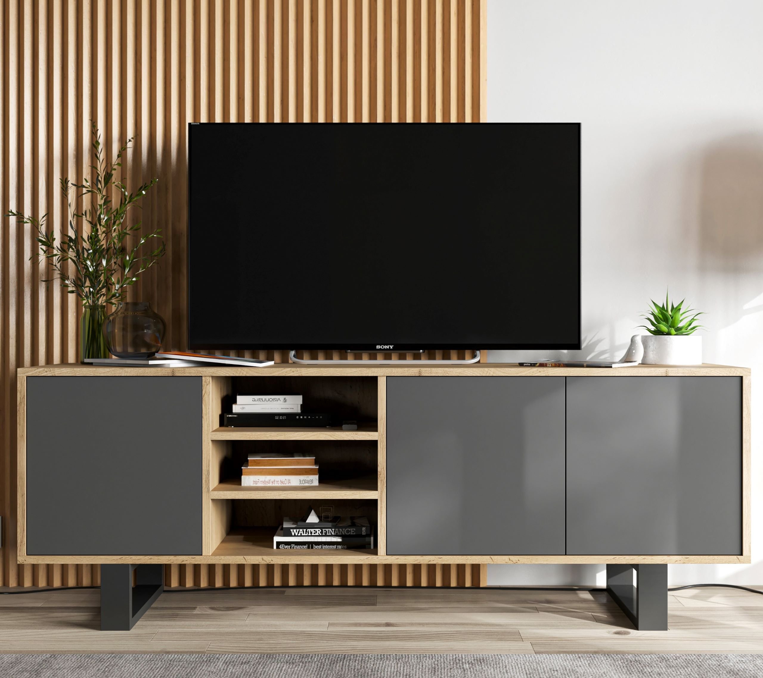 Nowoczesna Komoda RTV Loft Szafka RTV Loft Dąb Wotan grafit MAT 150 cm Metalowe nogi