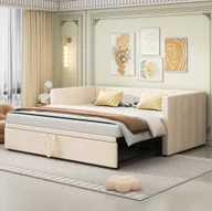 Sofy i kanapy - Flieks sofa rozkładana 90x200cm/180x200cm łóżko dzienne, łóżko dziecięce z listwowym stelażem i podłokietnikami, łóżko gościnne, łóżko młodzieżowe, aksamit, beżowy - miniaturka - grafika 1