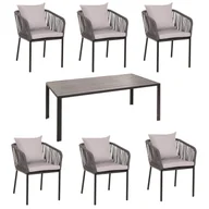 Meble ogrodowe - Zestaw ogrodowy HWC-N41, stół + 6 krzeseł, odporne na warunki atmosferyczne aluminium 180x80cm, lina wiklinowa Rope ~ antracyt poduszki szare - miniaturka - grafika 1