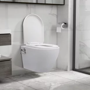 VidaXL Wisząca toaleta bez kołnierza z funkcją bidetu, ceramika, biała - Miski WC - miniaturka - grafika 1