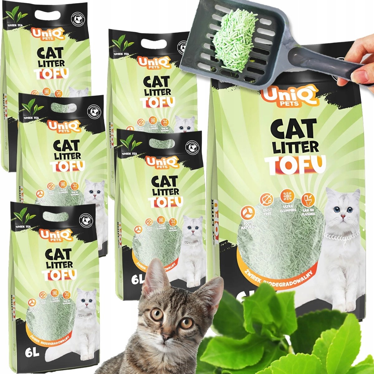 Biodegradowalny Żwirek do Toalety dla Kota z Tofu Zielona Herbata 15KG/36L