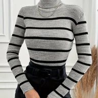 Swetry damskie - TEMU Elegancki top z wysokim dekoltem dla kobiet - stylowy sweter w paski z czarnymi i szarymi paskami w pionie, długimi rękawami i guzikami, idealny - miniaturka - grafika 1