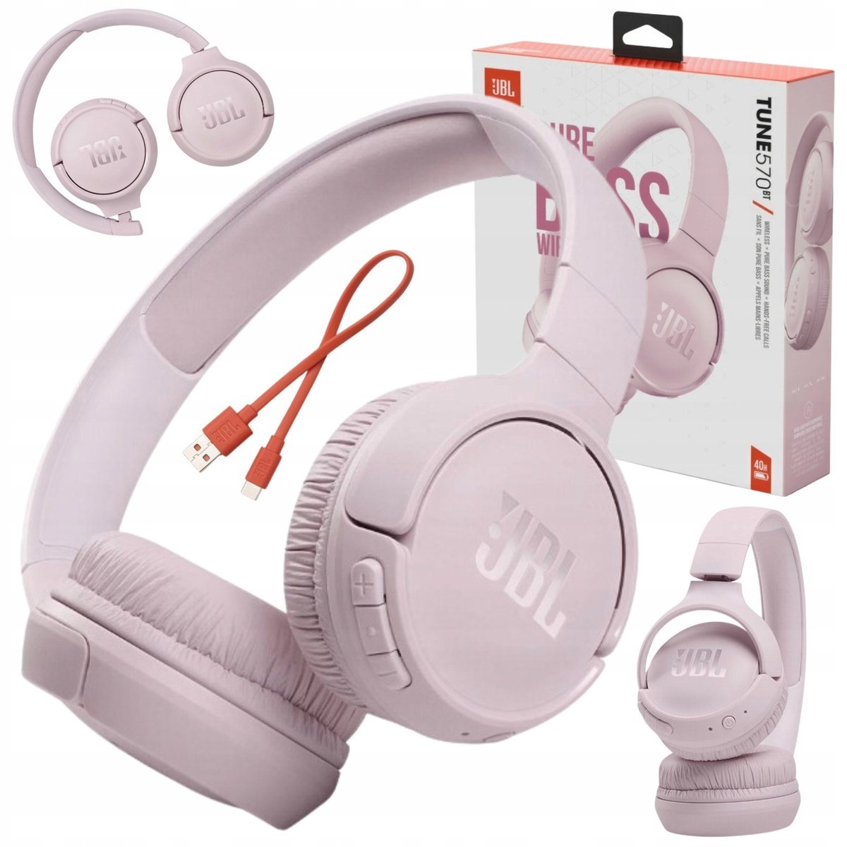 BEZPRZEWODOWE SŁUCHAWKI JBL NAUSZNE BLUETOOTH MIKROFON BASS SKŁADANE RÓŻOWE