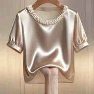 Koszule damskie - TEMU Elegancka Bluzka Damska z Okrągłym Dekoltem i Perłowymi Ozdobami, Idealna do Codziennego Noszenia, Satynowa Bluzka z Perłami, Złote Bluzki - miniaturka - grafika 1