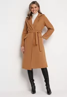 Płaszcze damskie - Brązowy Długi Płaszcz Taliowany z Wiązanym Paskiem Seraphette - miniaturka - grafika 1