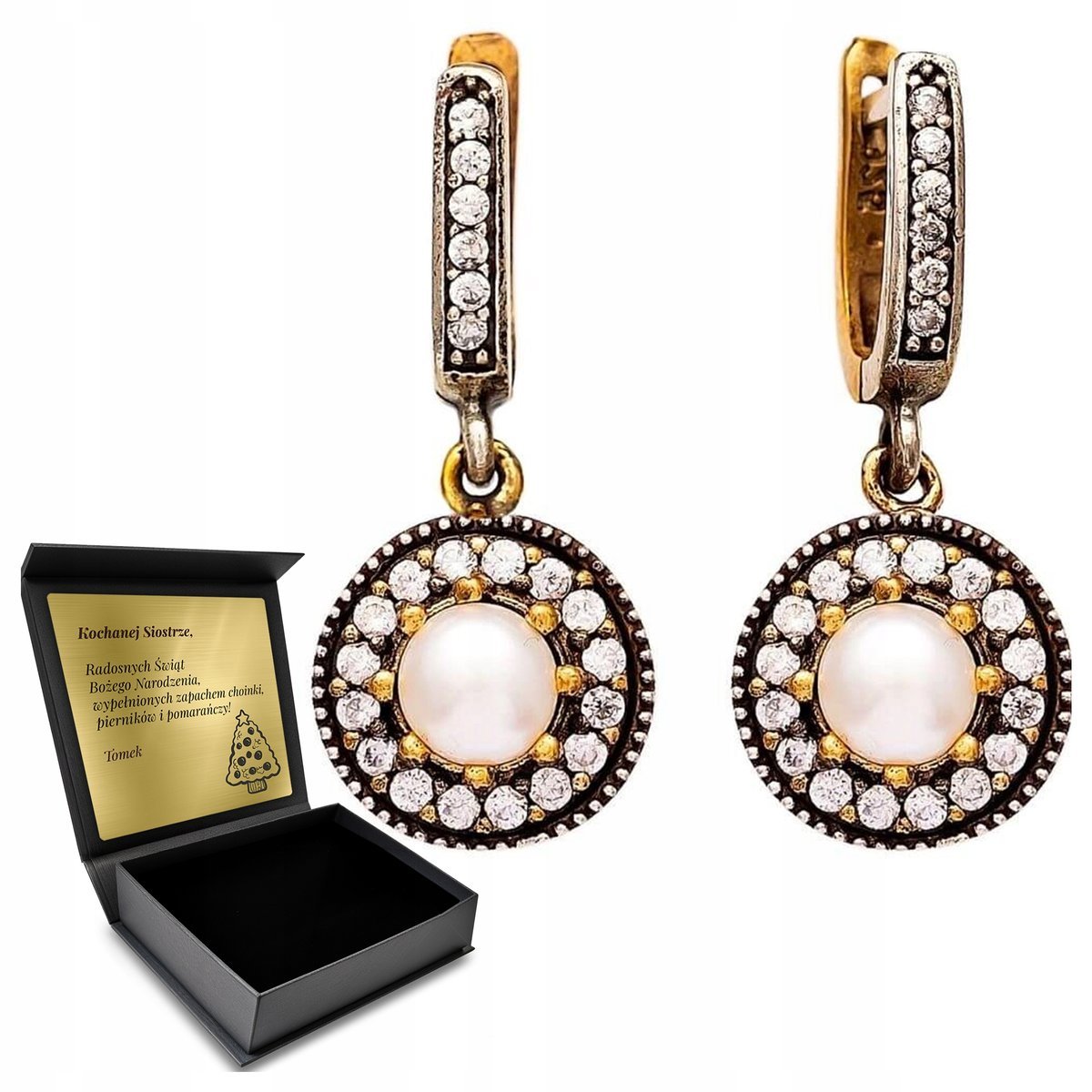 Kolczyki Srebrne 925 Z Cyrkoniami I Perłą Dla Kobiety + Grawer