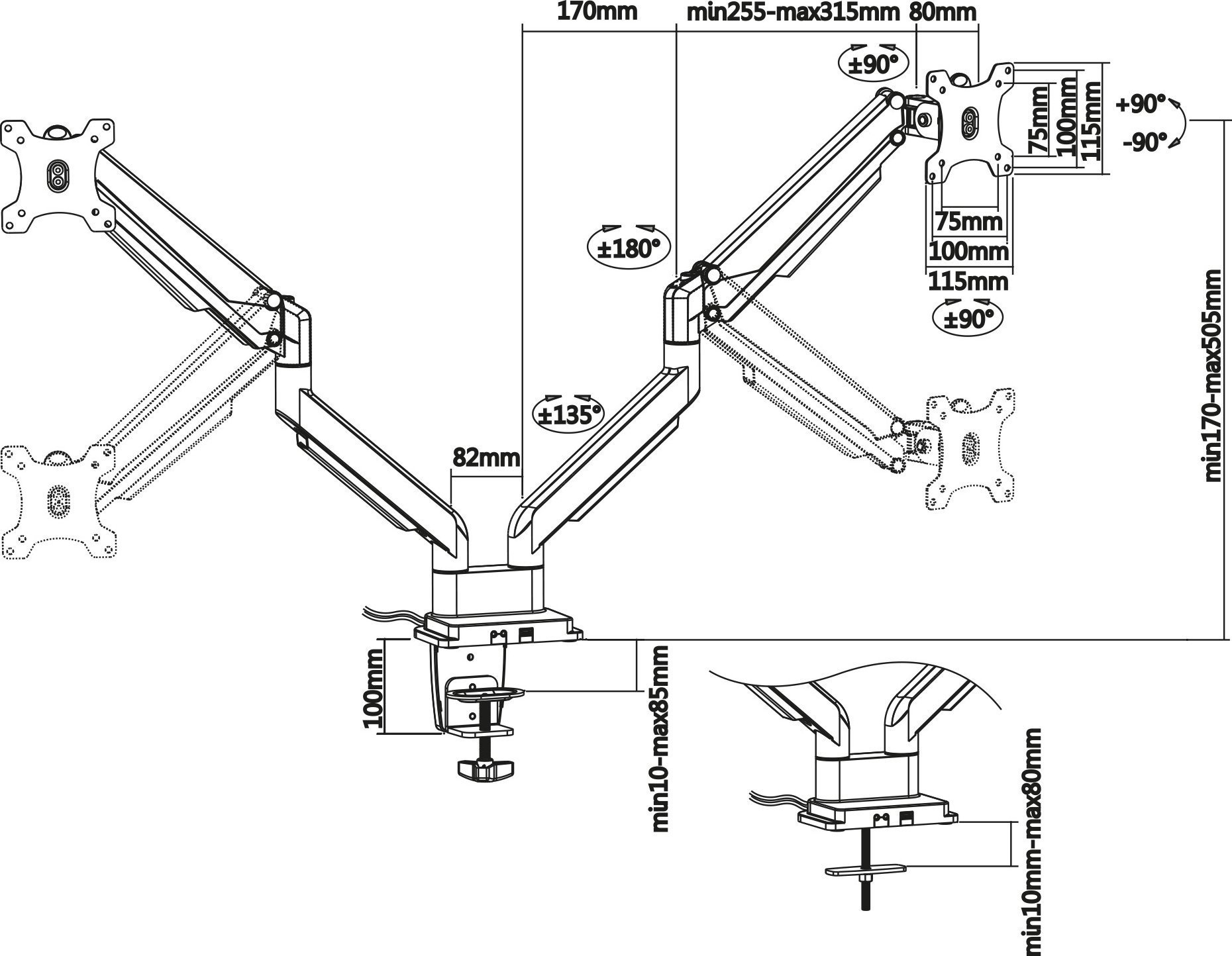 InLine InLine® Desktop mount with lifter and USB 3.0, movable, for two Displays up to 81cm 32