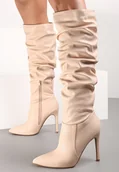 Kozaki damskie - Beżowe Kozaki z Marszczeniem na Szpilce Shanneaidae - Renee - miniaturka - grafika 1