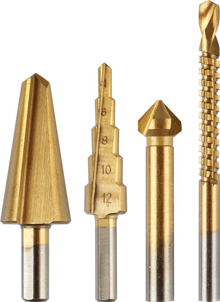 Graphite Wiertła stopniowe 4-12 mm, rozwiertak 12,4 mm, frezoGraphite Wiertło 6x90 mm, pogłębiacz stożkowy 8-20 mm,TiN