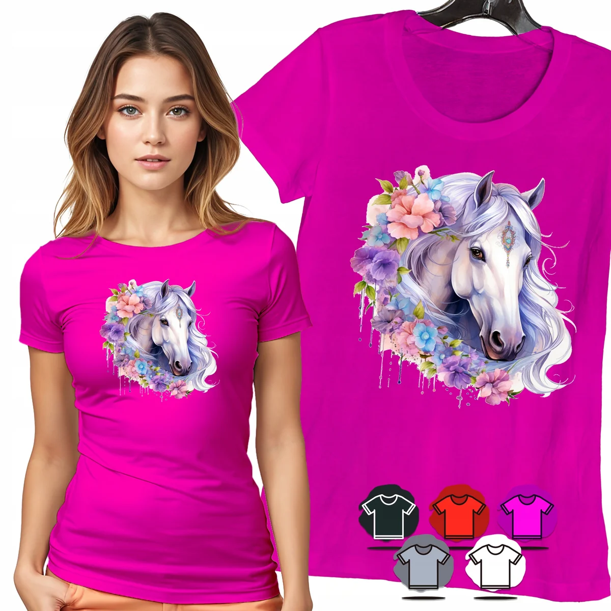 KOSZULKA DAMSKA T-SHIRT - KOŃ Z KWIATAMI FIOLETOWY PORTRET DLA NIEJ - M