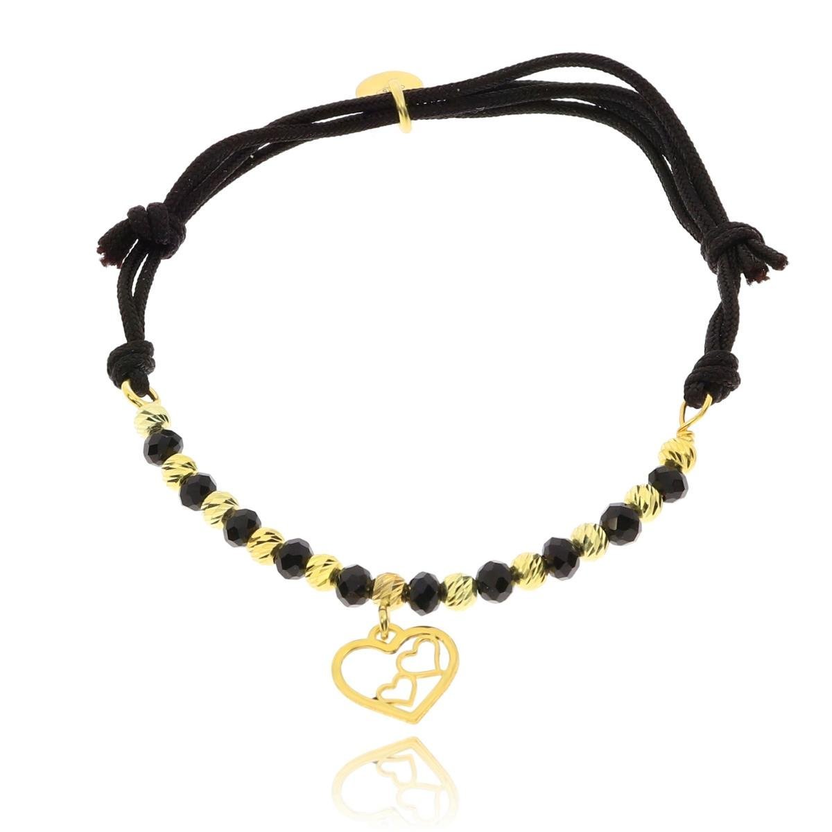 Bransoletka czarny sznurek serduszka w sercu, kulki, kółko srebro pozłacane pr. 925