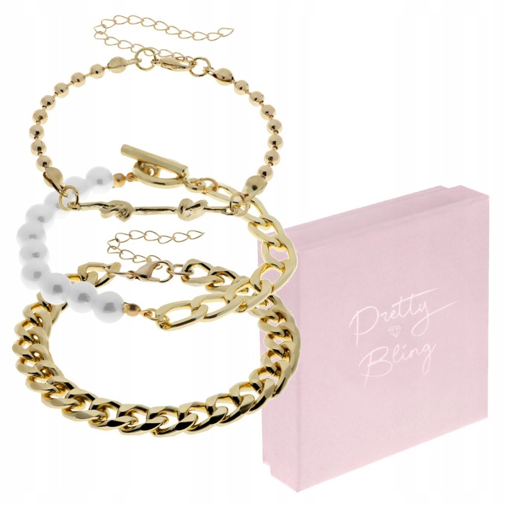 Bransoletki damskie potrójne POZŁACANE ZESTAW 3w1stal PERŁY kulkowa PREZENT