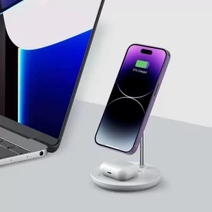 4KOM.PL Ładowarka bezprzewodowa 2w1 QI 15W 2in1 Magnetic MagSafe Wireless Charger do Apple iPhone AirPods Biała - Stacje dokujące do telefonów - miniaturka - grafika 2