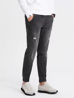 Spodnie męskie - Męskie spodnie jeansowe JOGGERY z przetarciami - czarne V2 OM-PADJ-0150 - grafika 1