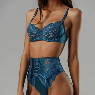 Komplet bielizny z satynowego materiału - Niebieski - Komplety bielizny - miniaturka - grafika 1