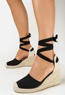 Sandały damskie - Czarne Sandały Espadryle na Plecionym Koturnie Wiązane Wokół Kostki Aldopha - miniaturka - grafika 1