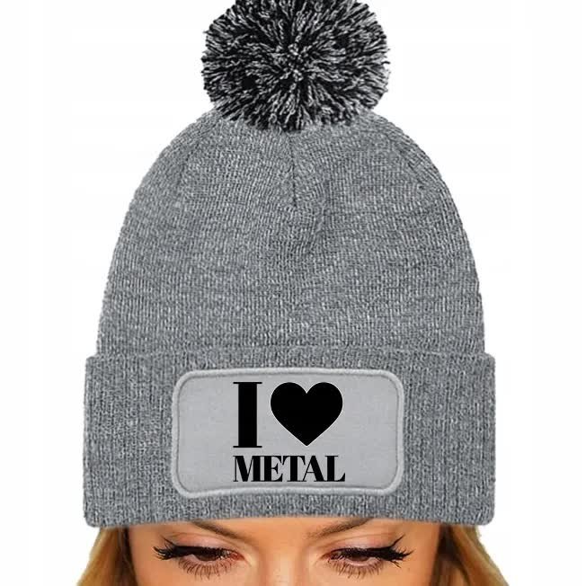 CZAPKA POMPON Bawełniana ZIMOWA Szara Dla Miłośnika Muzyki I LOVE METAL Wz