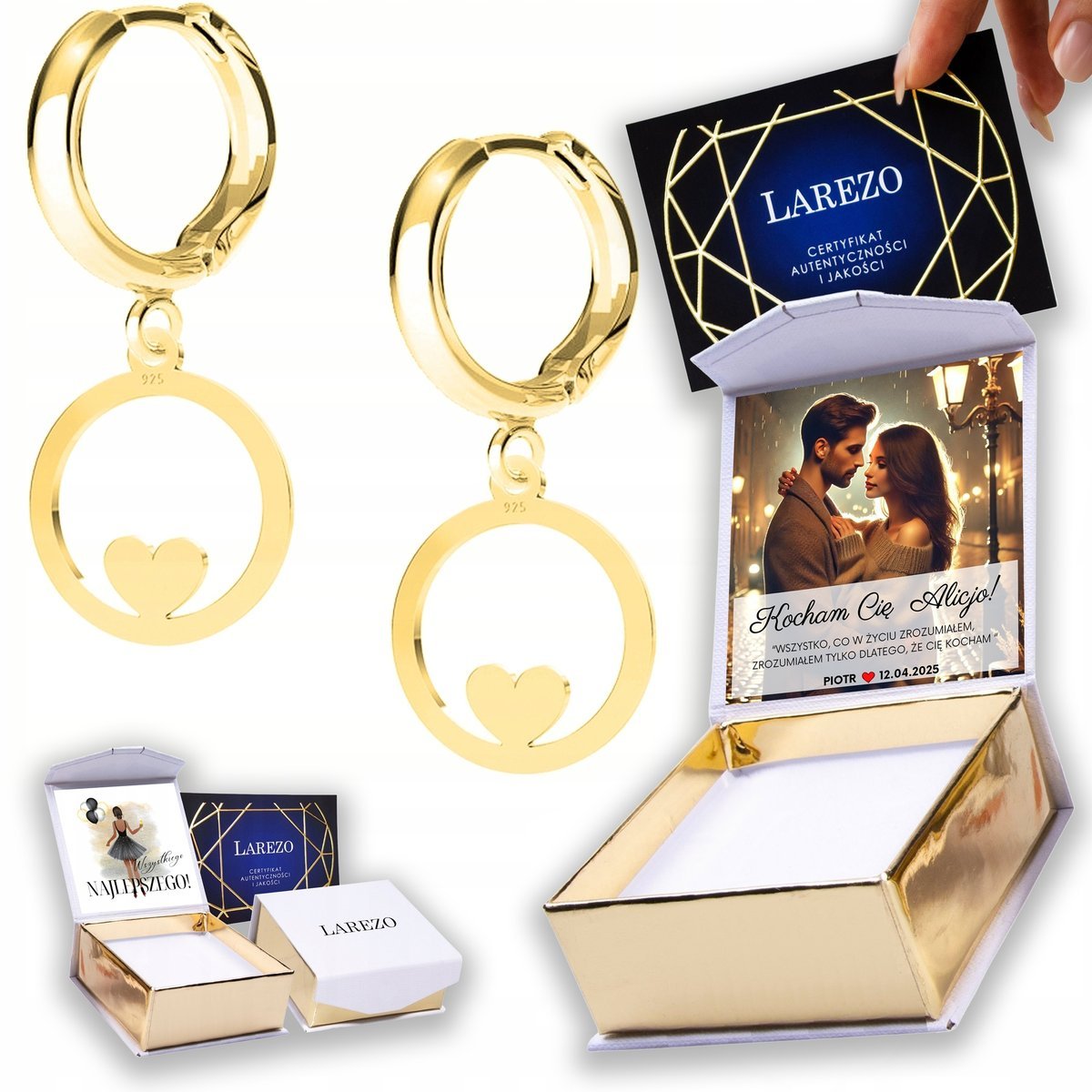 Złote Kolczyki 925 Koło Kółko z Sercem Serduszkiem Serca Miłość NADRUK