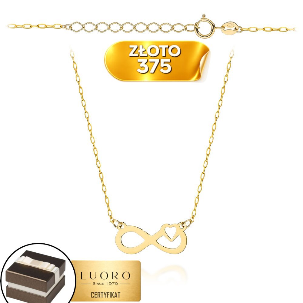NASZYJNIK ZŁOTY 375 ŻÓŁTY ZNAK NIESKOŃCZONOŚCI SERCE 42 CM REGULOWANY