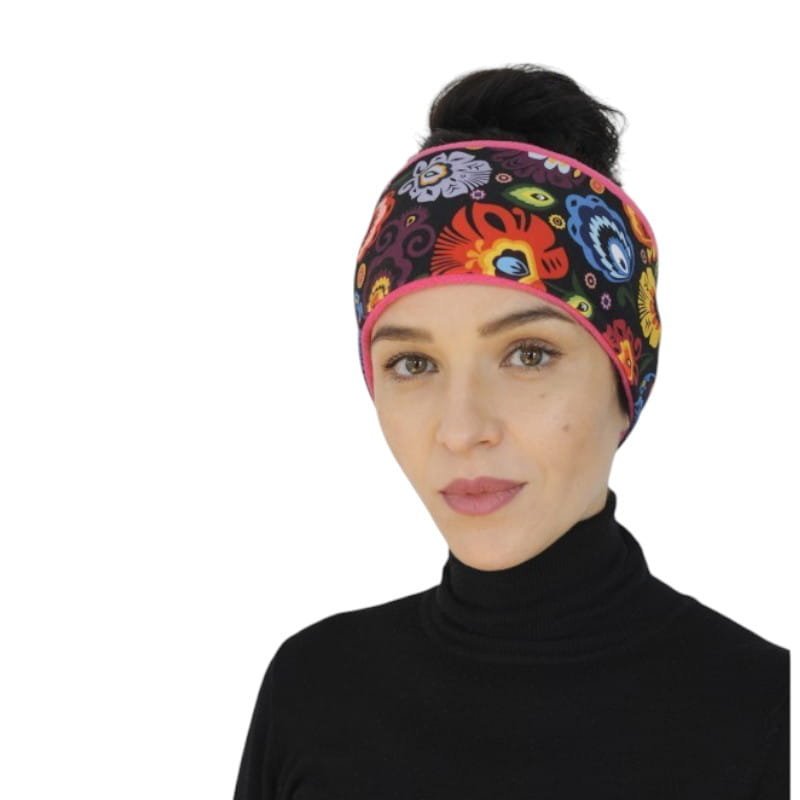 Opaska Na Głowę Ocieplana Folk Łowicki Czarna I Różowa