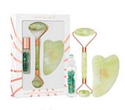 Rollery do masażu - Crystallove Crystallove Jade Beauty Set ZESTAW Masażer do twarzy 1 szt. + Płytka do masażu twarzy gua sha 1 szt + Buteleczka z kryształkami awenturynu na olejek 10 ml - miniaturka - grafika 1