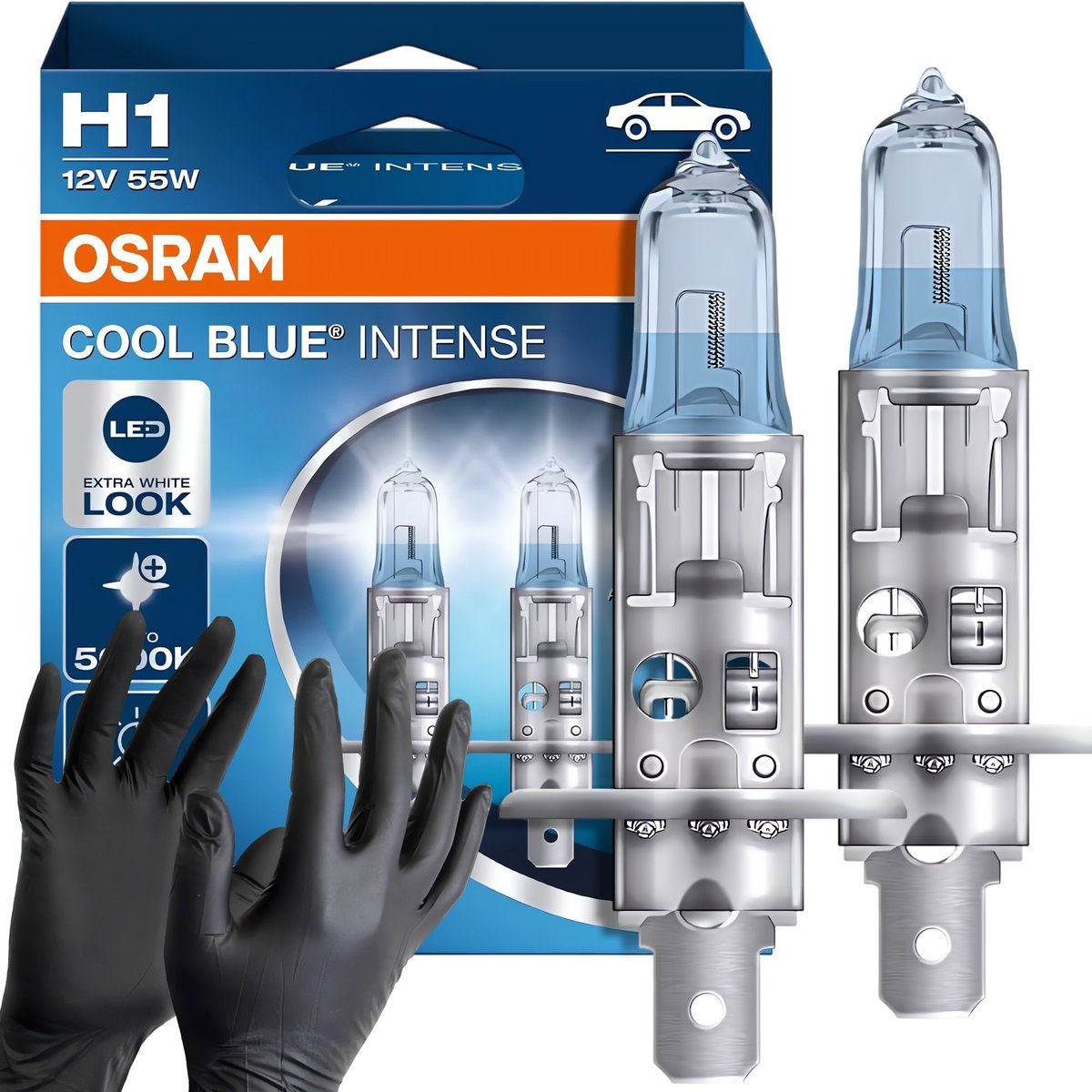Żarówki H1 Osram Cool Blue Intense 5000K +100% Światła Biała Barwa Rękawicz