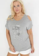 Bluzki damskie - Szara Bluzka Nietoperz z Wycięciami na Ramionach i Cekinami Ophitine - miniaturka - grafika 1