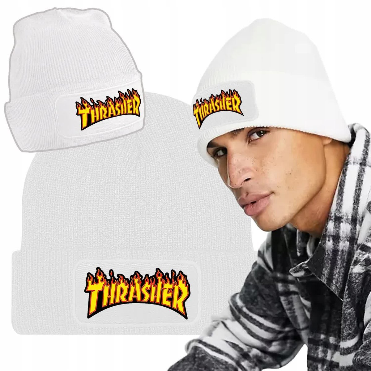 Zimowa Wygodna Czapka Biała THRASHER Zabawne Wzory