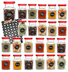 Słoiki na przyprawy 150 ml x23 szt z czerwoną zakrętką 90 etykiet czerpak - Pojemniki kuchenne - miniaturka - grafika 1