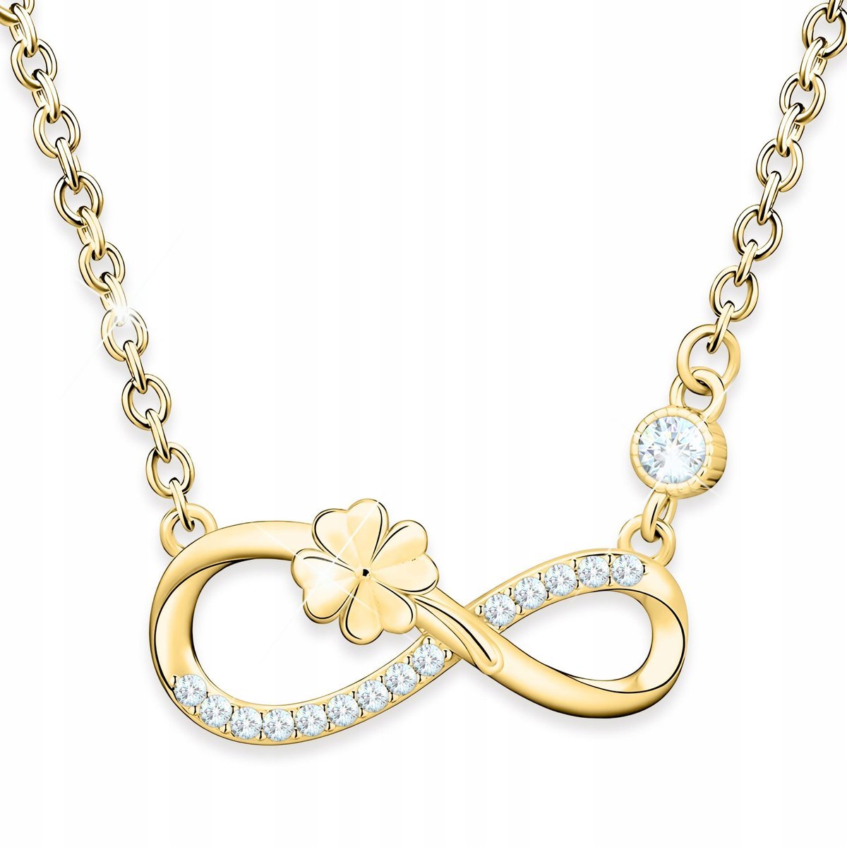 Złoty Naszyjnik Nieskończoność z Koniczynką Cyrkonie Szczęście SREBRO 925