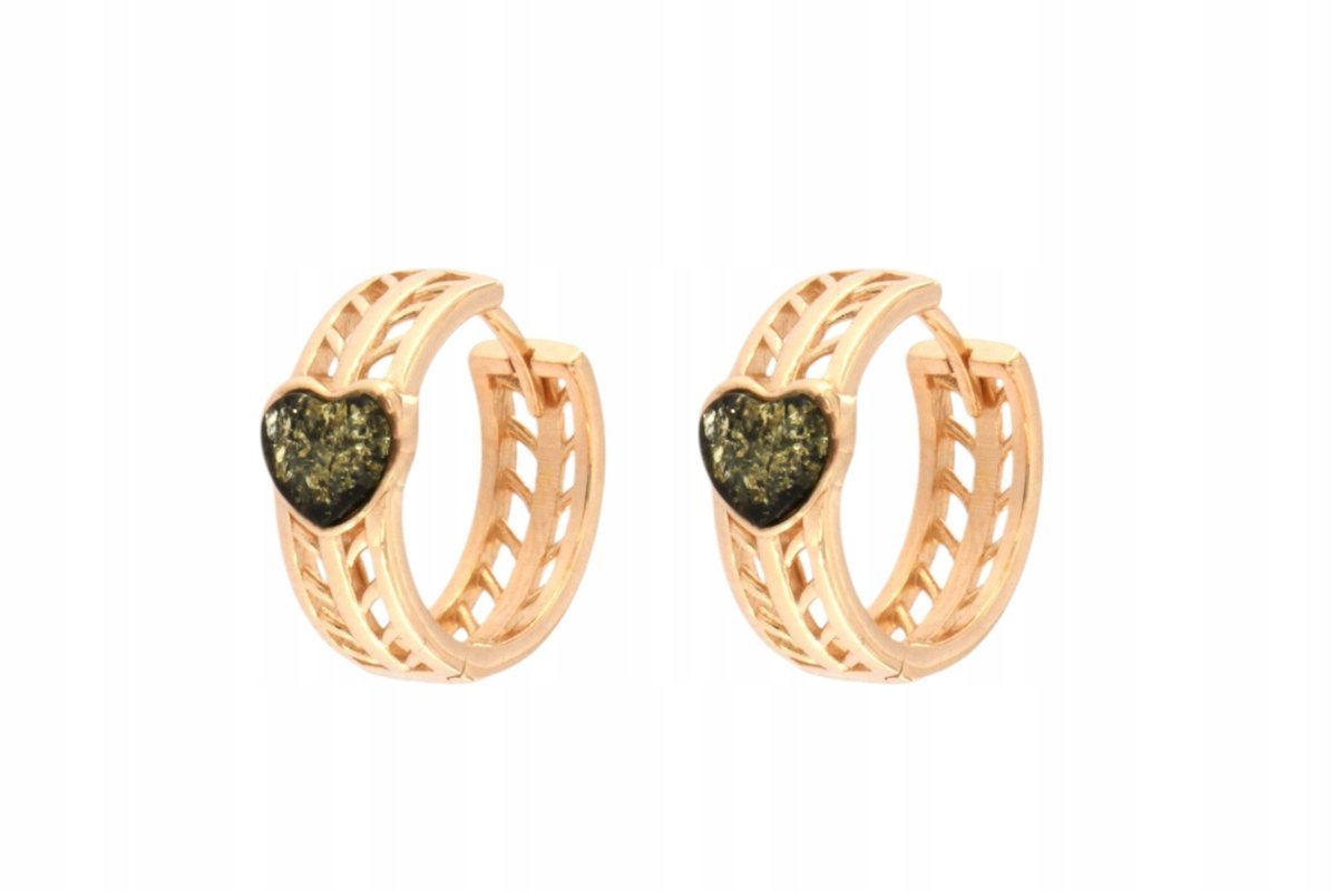 Kolczyki okrągłe serca srebrne 925 pozłacane z bursztynem zielonym ażurowe