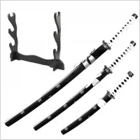 ZESTAW KATANA WAKIZASHI TANTO ZE STOJAKIEM 5KM28-3PCBK - Repliki - broń - miniaturka - grafika 1