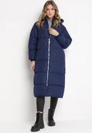 Kurtki damskie - Granatowa Długa Kurtka Pikowana Płaszcz na Zamek z Kapturem Lesea - miniaturka - grafika 1