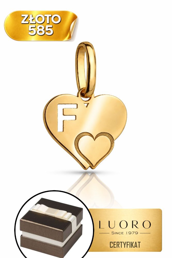 ZAWIESZKA ZŁOTA 585 14K LITERKA F Z SERCEM 15 MM ELEGANCKA DELIKATNA