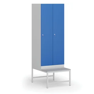 Szafka ubraniowa z ławką, 2-drzwiowa, 1875 x 600 x 500/800 mm, zamek cylindryczny, drzwi niebieskie - Szafki biurowe - miniaturka - grafika 1