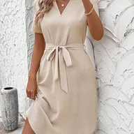 Sukienki - TEMU Leśna Sukienka z Dekoltem w Serek i Regulowanym Pasem - Oddychająca, Krótki Rękaw, Od Wiosny do Lata, Jednokolorowa, Bliskowschodnim Designem, - miniaturka - grafika 1